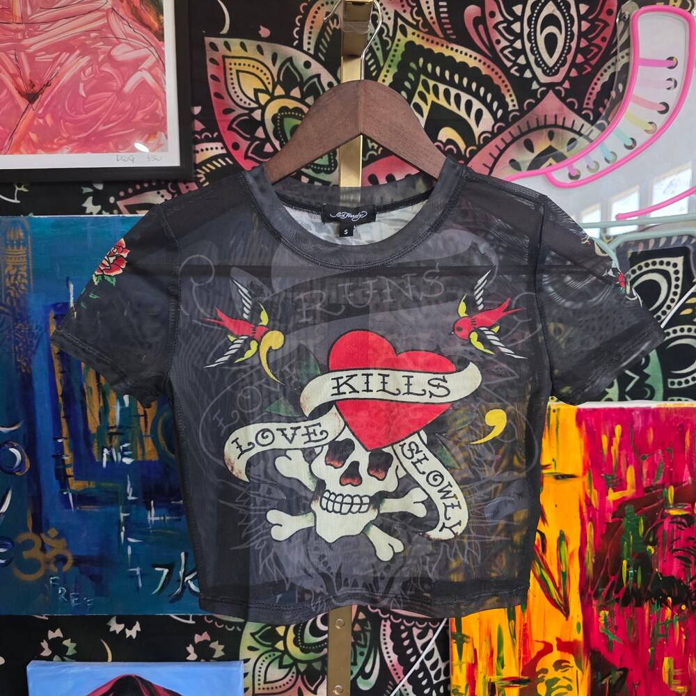 NWT Deadstock Y2K Style Ed Hardy Sheer Mesh Grunge Baby Crop Top Size S
